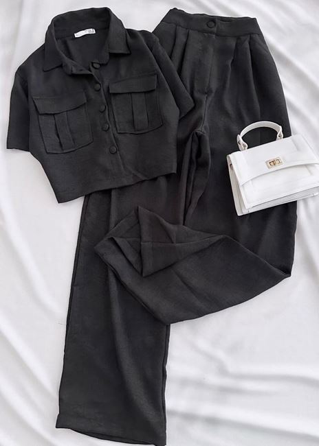 Siyah Gömlek Pantolon Keten Takım