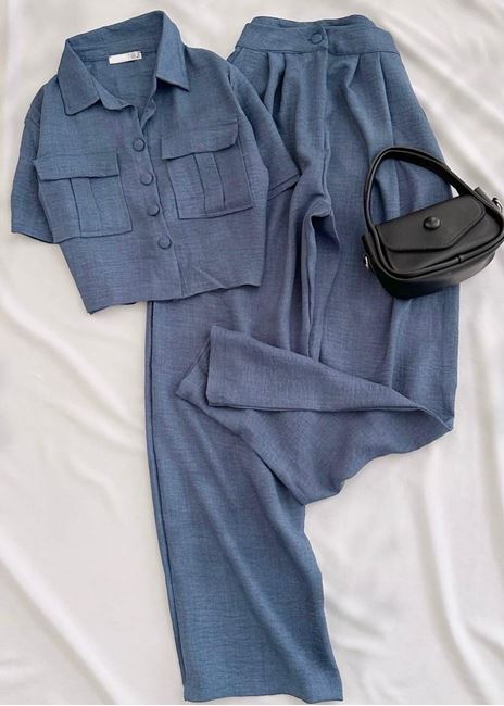 İndigo Gömlek Pantolon Keten Takım