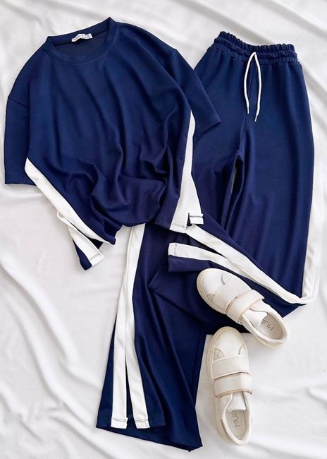 Lacivert Şerit Modal Yırtmaç Detay Takım