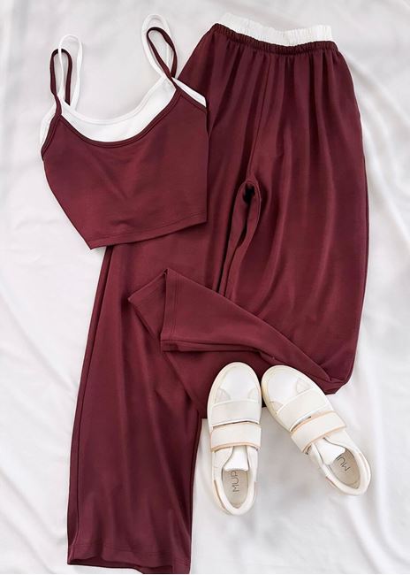 Bordo Çift Crop Detay Takım