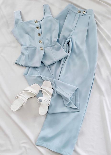 Mavi Sırt Bağlama Detay Yelek Takım