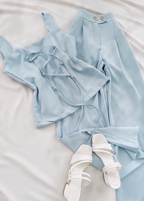 Mavi Sırt Bağlama Detay Yelek Takım