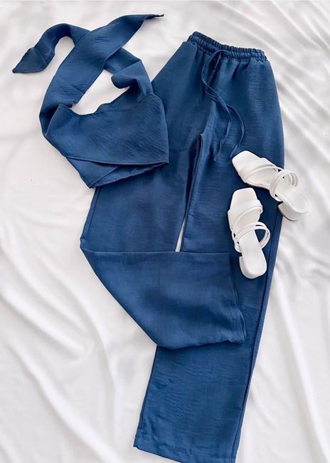 Lacivert Boyun Bağlama Dokuma Pantolon Takım