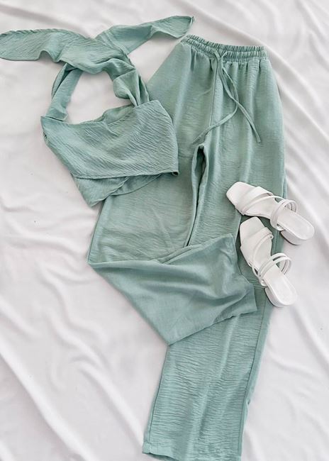 Yeşil Boyun Bağlama Dokuma Pantolon Takım