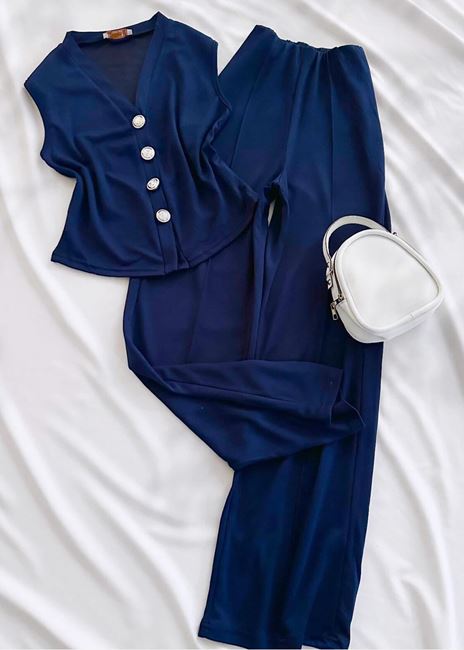 Lacivert Düğme Detay Modal Yelek Takım