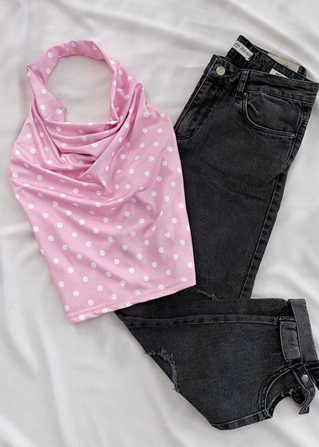 Pembe Puantiye Desen Degaje Yaka Bluz