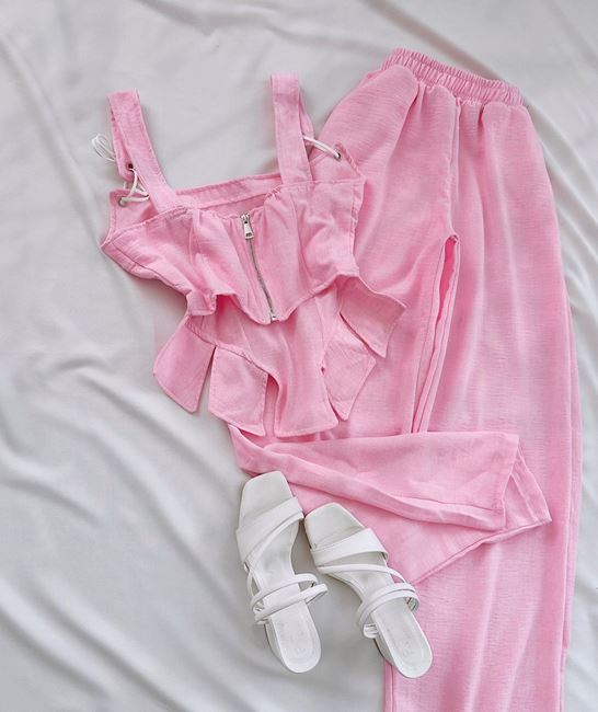 Pembe Korse Bel Fermuar Detay Takım