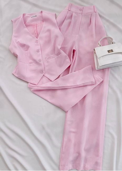 Pembe Keten Astarlı Yelek Palazzo Takım