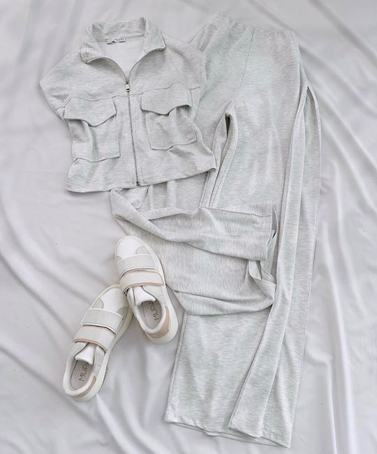 Gri Cep Detay Crop Oversize Kesim Takım