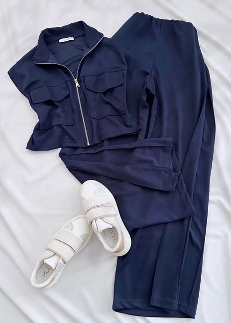 Lacivert Cep Detay Crop Oversize Kesim Takım