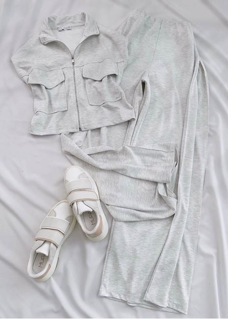 Gri Cep Detay Crop Oversize Kesim Takım