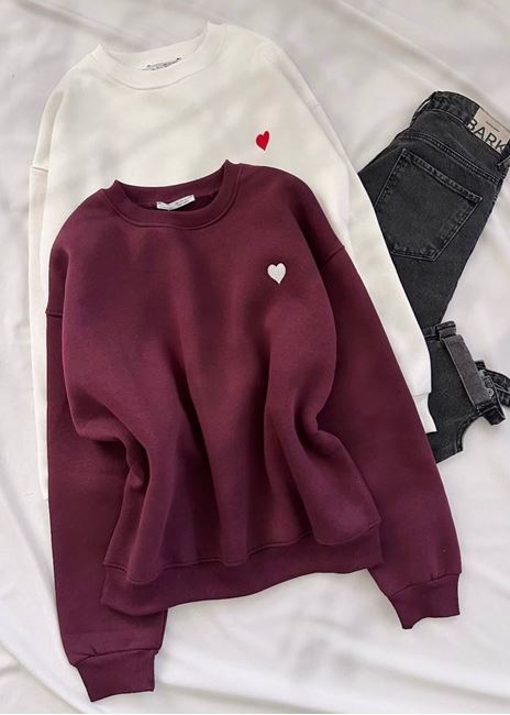 Bordo Kalp Nakış Detay 3 İplik Sweat