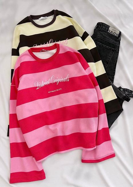 Pembe Çizgili Baskılı Sweat 