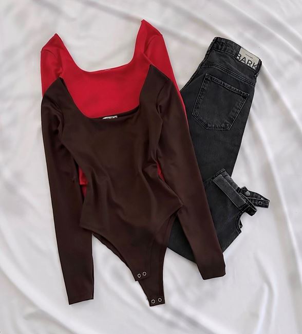 Kahverengi Ön Arka Oval Bodysuit