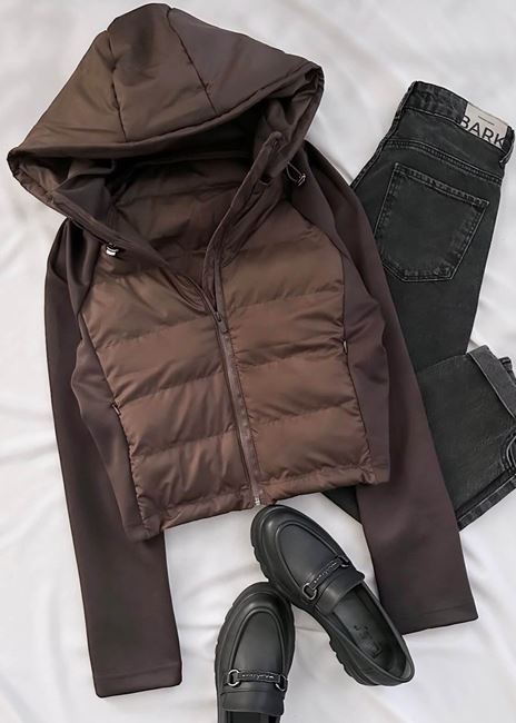 Kahverengi Şişme Crop Mont