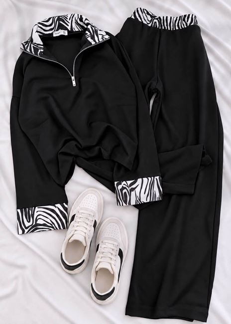 Siyah Yaka zebra Desenli Modal Takım