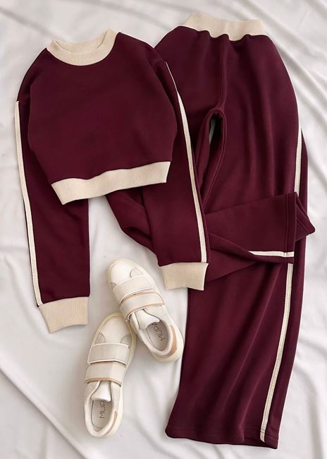 Bordo Crop Şardonlu Eşofman Takımı