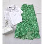 Yeşil Çiçek Önü Asimetrik Yırtmaç Etek