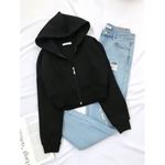 Siyah Kapüşonlu 3 İplik Crop Ceket