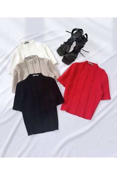 Kırmızı Ters Dikiş Crop Bluz