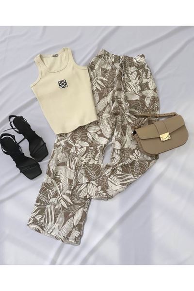 Bej Desenli Atlet Crop