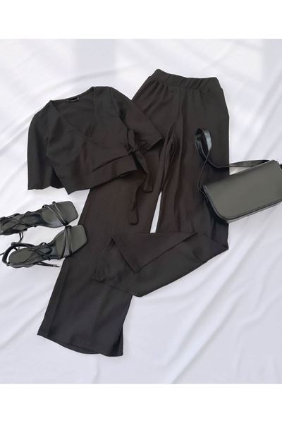Siyah Kruvaze Crop Pantolon Takım