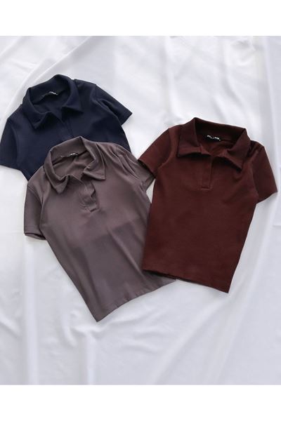 Kahverengi Polo Yaka Crop