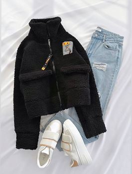 Siyah Arma Kısa Peluş Ceket