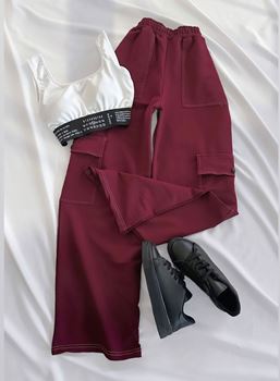 Bordo Ters Dikiş Kargo Cep Pantolon