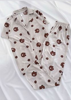 Bej Ayıcık Kısa Kol Pijama Takımı