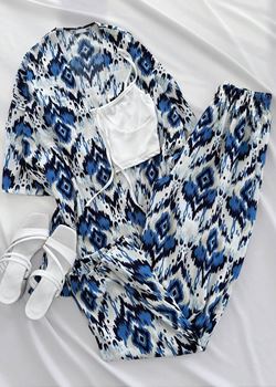 Mavi Kilim Desen Kimono Takım