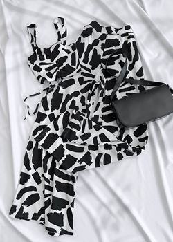 Siyah Yıkama Desen Crop Pantolon Takım
