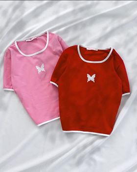 Pembe Kelebek Nakış Biyeli Crop