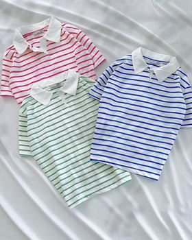 Pembe Çizgili Polo Yaka Crop