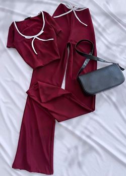 Bordo Biyeli Bağlamalı Pantolon Takım