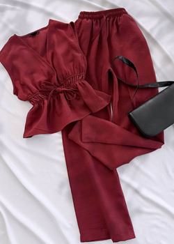 Bordo Bel Büzgü Dokuma Pantolon Takım