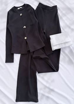 Siyah  Uzun Kol Düğme Detay V Bluz Pantolon Takım
