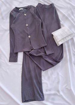 Antrasit Uzun Kol Düğme Detay V Bluz Pantolon Takım