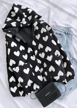 Siyah Kalp Detay Astarlı Peluş Ceket