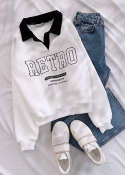 Beyaz Retro Baskı Detay Sweat