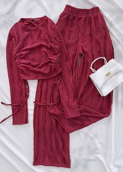 Bordo Yan Büzgü Dokulu Takım