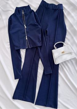 Mavi Çift Fermuar Detay Selanik Kumaş Takım