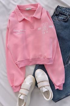 Pembe M Baskı Polo Yaka Sweat