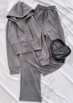 Koyu Gri Selanik Kumaş Kapüşonlu Takım