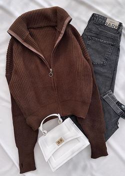 Kahverengi Triko Parmak Detay Triko Ceket