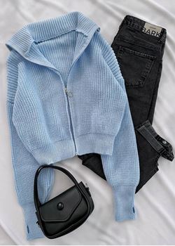 Mavi Triko Parmak Detay Triko Ceket