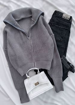 Gri Triko Parmak Detay Triko Ceket