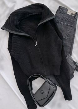 Siyah Triko Parmak Detay Triko Ceket