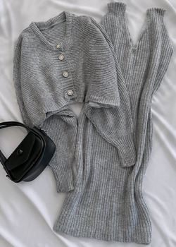 Gri Düğme Detay Hırka Elbise Takım