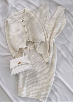 Bej Düğme Detay Hırka Elbise Takım